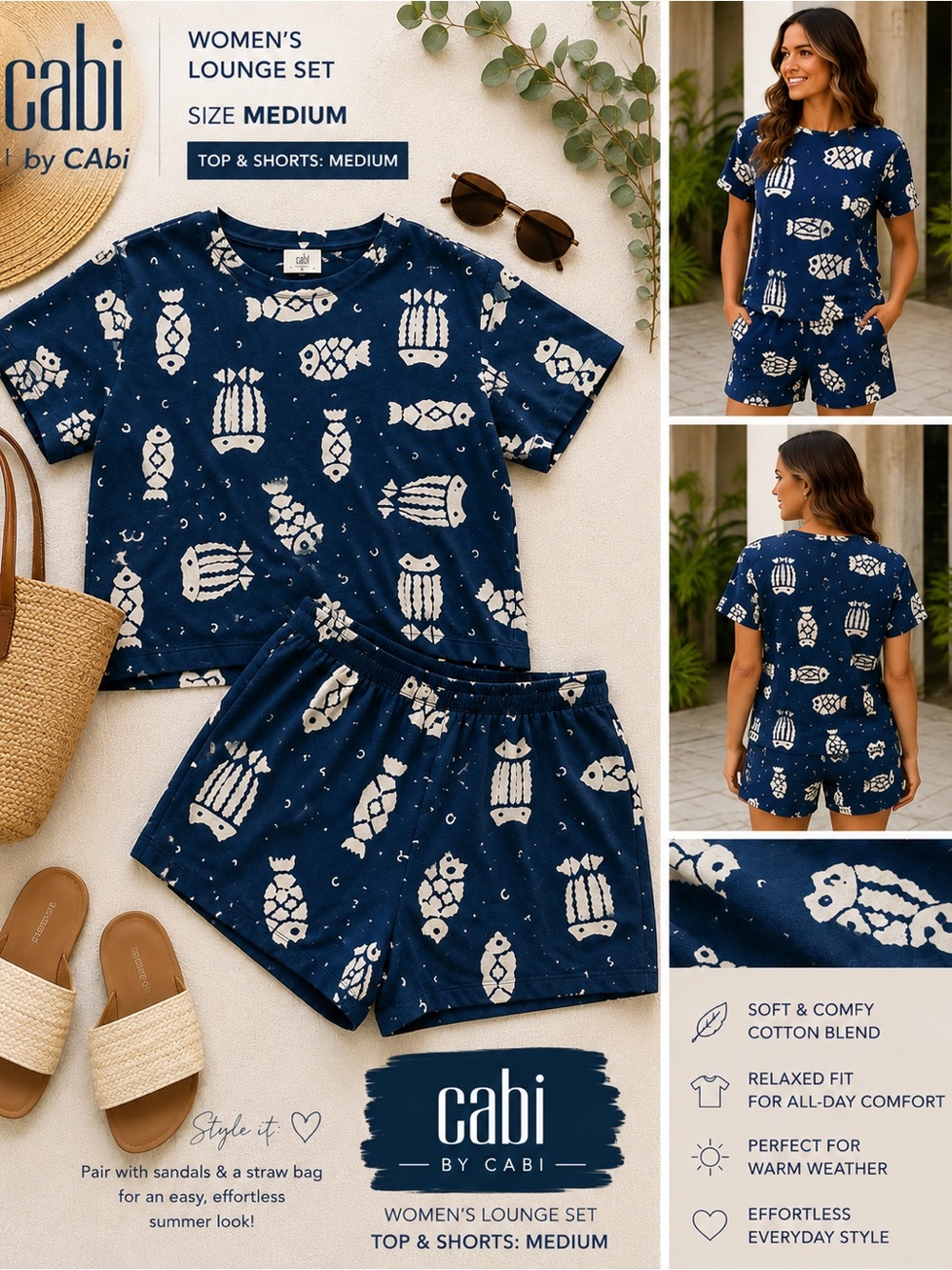 CAbi Navy Cotton-Blend Set with Cream Fish Print